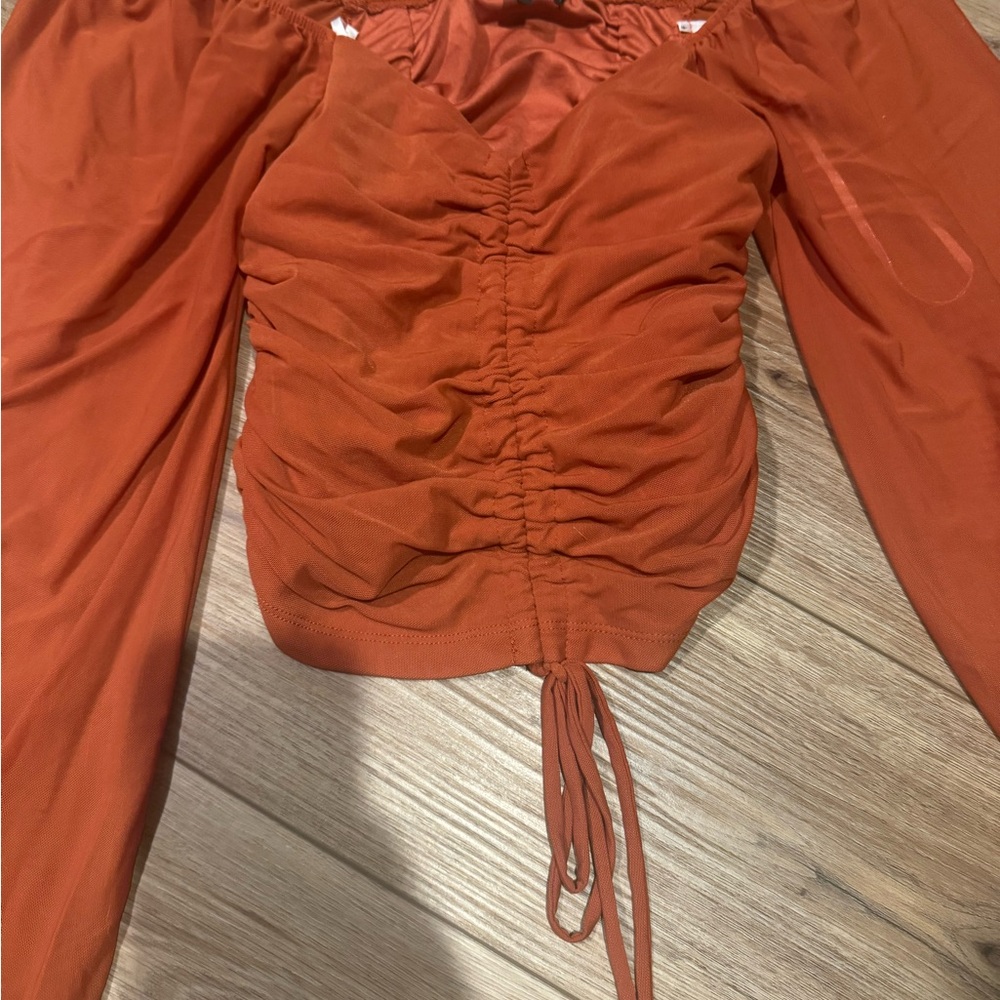 Lulu's Rust Orange Off-Shoulder Ruched Drawstring Crop Top - Picture 4 of 5